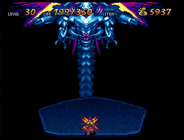 a video game screen shows a monster with the numbers 30 and 5937 on it
