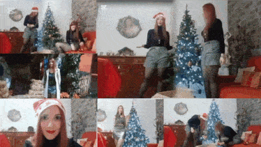 a collage of photos of a woman wearing santa hats