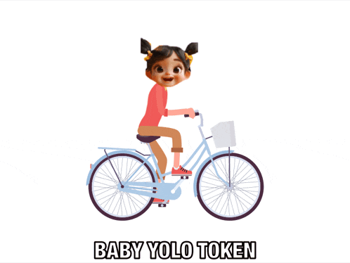 a cartoon girl is riding a bicycle with the words baby yolo token below her