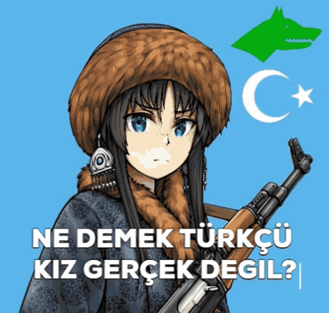 a picture of a girl holding a gun with the words ne demek turkcu kiz gerçek degil below her