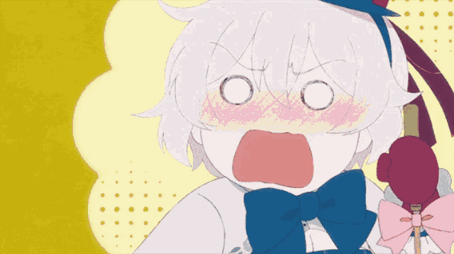 a cartoon character with white hair and a blue bow tie is making a surprised face