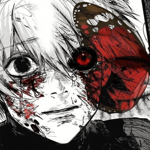 a black and white drawing of a person with red eyes and a butterfly on their face