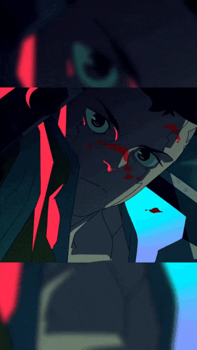 a close up of a person 's face in a cartoon with a blue background