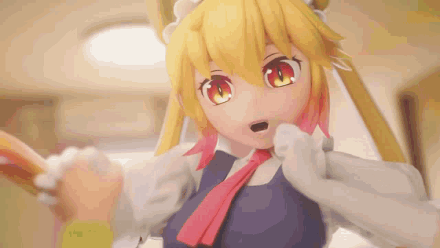 a yellow haired anime girl with red eyes and a blue apron