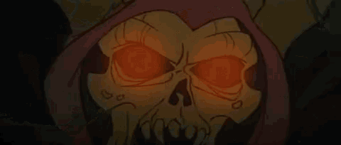 a cartoon grim reaper with glowing eyes and a pink hood .