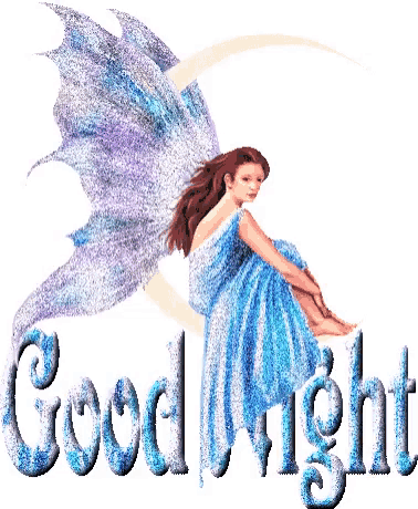 a fairy is sitting on a crescent moon with the words good night above her