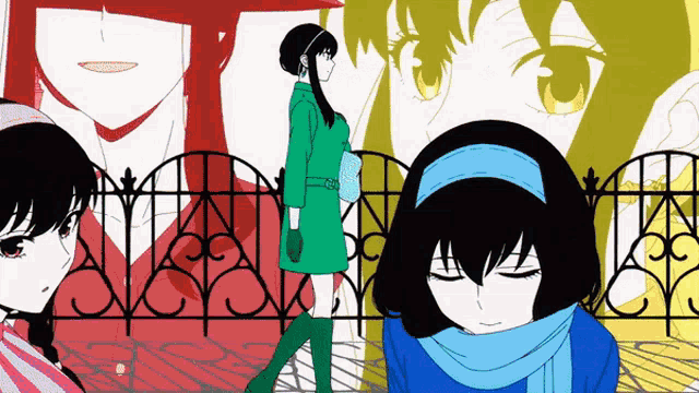 a woman in a green coat is walking next to two other women
