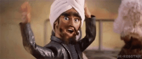 a cartoon character wearing a turban and a leather jacket is waving .