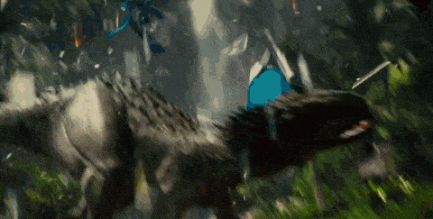 a dinosaur with a blue butterfly on its head is running through a forest .
