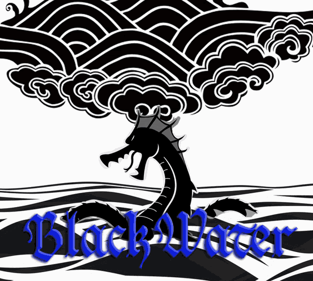 a black and white drawing of a dragon and the words black water in blue