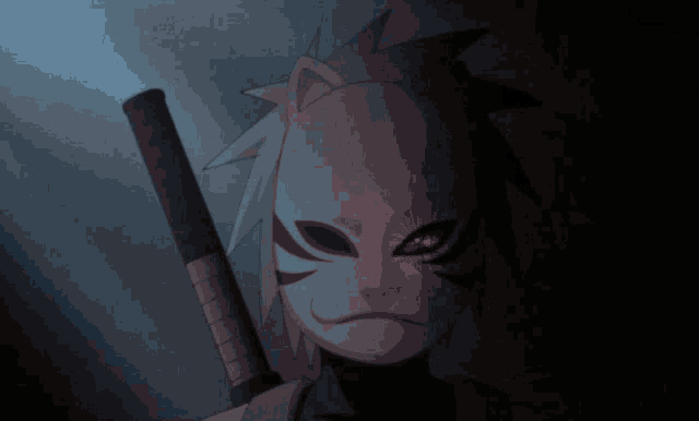 a person with a mask and a sword with red eyes