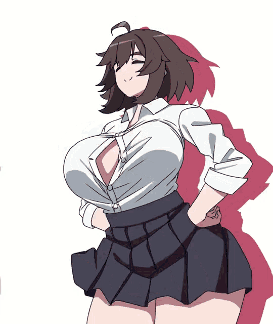 a drawing of a girl with big breasts and a pleated skirt
