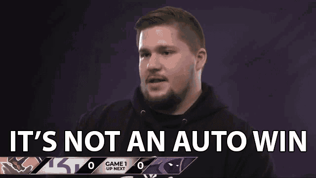 a man says it 's not an auto win in front of a purple background