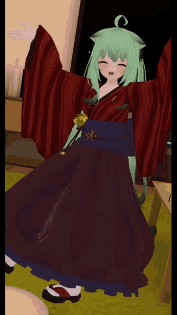 a cartoon character with green hair is wearing a red and black dress