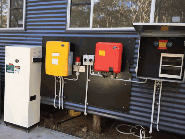a row of electrical boxes including one that says ' lp pv ' on it
