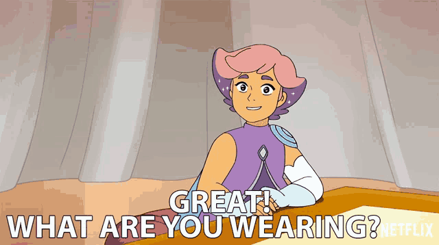 a cartoon character is sitting at a table and says great what are you wearing