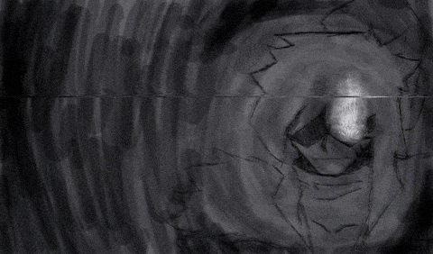 a black and white drawing of a person 's face in a dark room