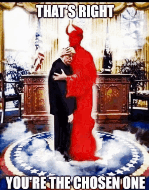 a man in a red robe is hugging a man in a white house