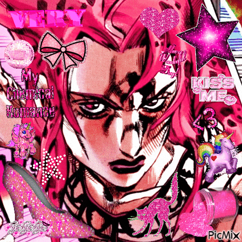 a picture of a man with pink hair and a pink shoe with the words kiss me written on it