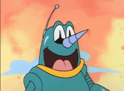 a cartoon character with a yellow scarf around his neck and a antenna on his head