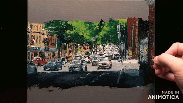 a painting of a city street is being made in animatica