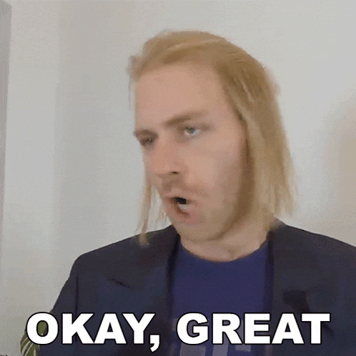 a man with long blonde hair is making a funny face and says okay great