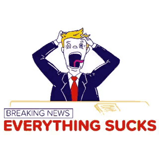 a man in a suit and tie is screaming in front of a breaking news headline that says everything sucks