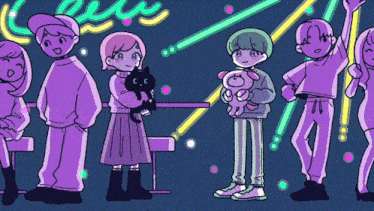 a cartoon drawing of a group of people standing in a line