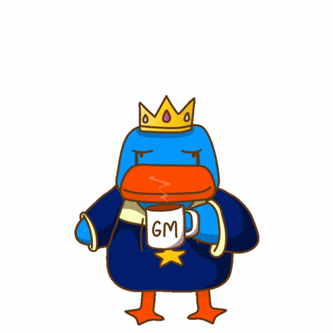 a cartoon duck wearing a crown and holding a mug with the word gm on it