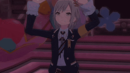 a girl with gray hair is wearing a black jacket with a gold ribbon around her neck