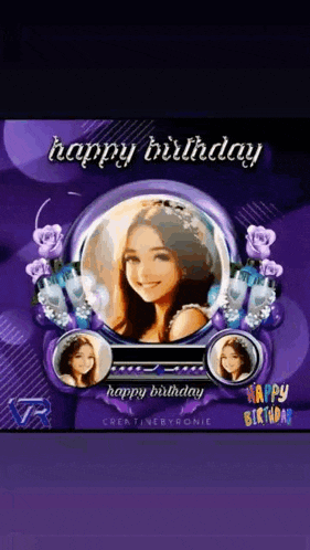 a happy birthday card with a picture of a girl in a purple frame .