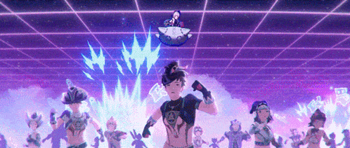 a group of cartoon characters are standing in front of a purple and blue background