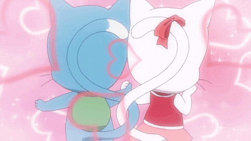 a blue cat and a white cat are hugging each other in a pink background