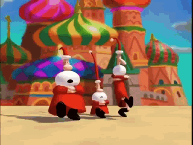 a group of cartoon characters are dancing in front of a colorful castle .