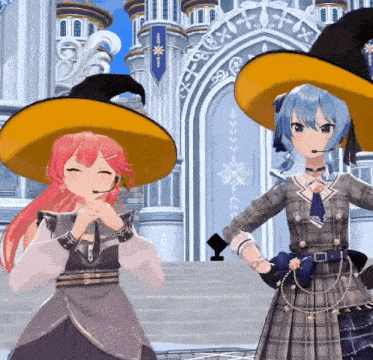two anime girls wearing witch hats stand in front of a building