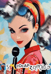 a painting of a woman holding a microphone with the words cocapzamin written on the bottom