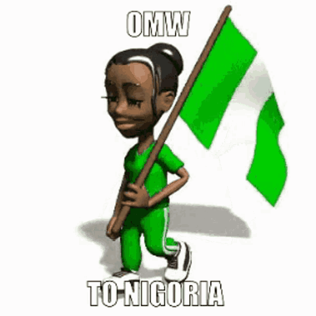 a cartoon girl is walking with a green flag in her hands .