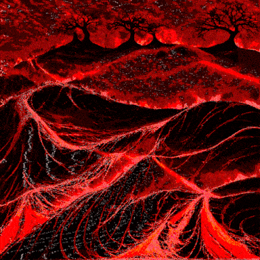 a computer generated image of a red and black landscape with trees