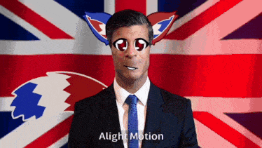 a man in a suit and tie stands in front of a british flag and says alight motion on the bottom