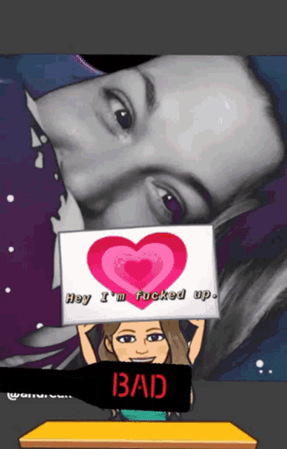a cartoon woman holding a sign that says hey i 'm fucked up