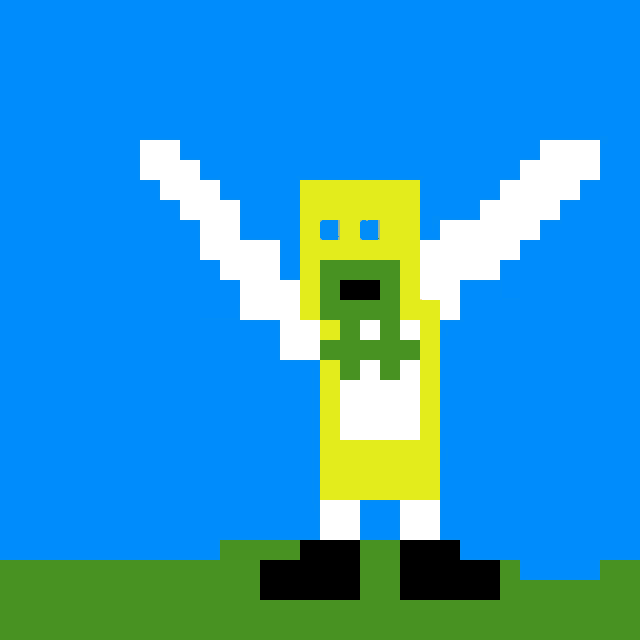 a pixel art drawing of a man with a yellow mask on his head .