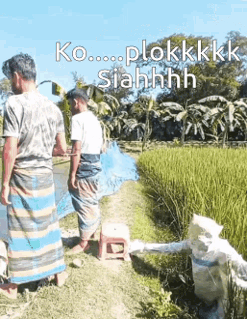 two men are fishing in a field with the words " ko ... plokkkh siahhhh " written on the bottom