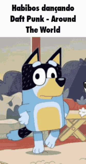 a cartoon of a dog with the words " habidos dançando daft punk around the world " on the bottom