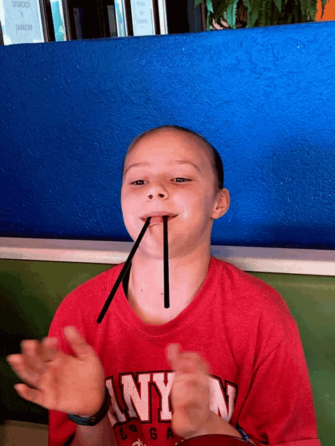 a young girl wearing a red nyc shirt is holding a straw in her mouth