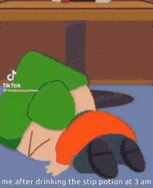 a cartoon character is laying on the floor after drinking a stip potion .