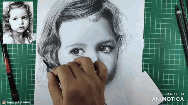 a black and white drawing of a little girl is being made in animatica