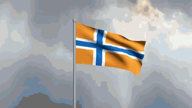 an orange flag with a blue cross on it