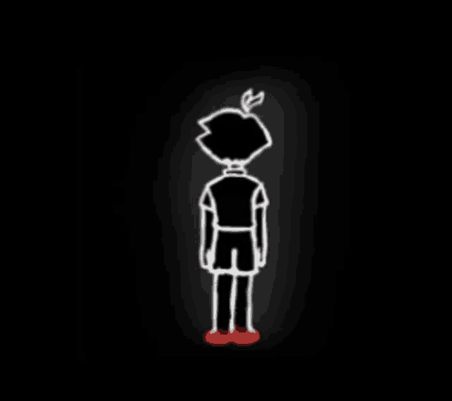 a drawing of a boy standing in the dark with a red shoe .