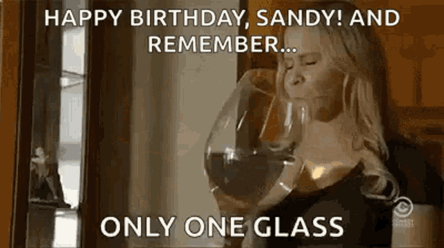 a woman is drinking a glass of wine and says `` happy birthday , sandy and remember ... only one glass '' .