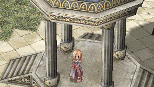 a girl in a purple dress is standing in front of a pillar